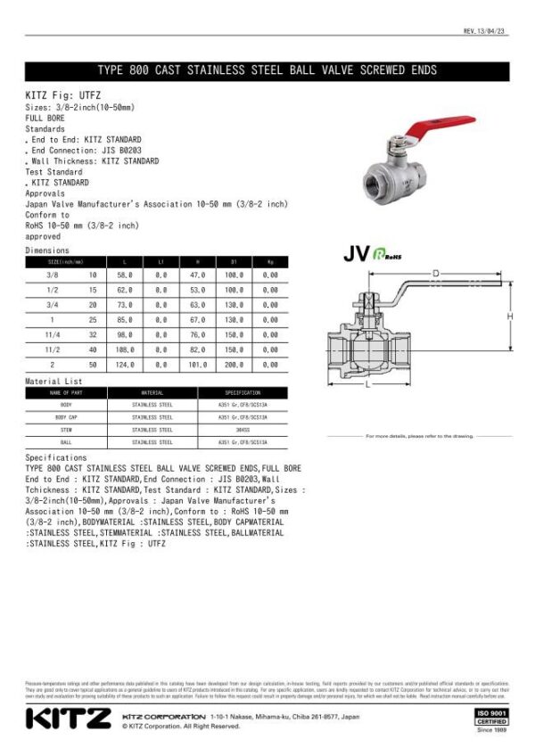 KITZ Ball Valve SUS316 KITZ Fig. 800 UTHM, Thread / Screw.  - Image 2